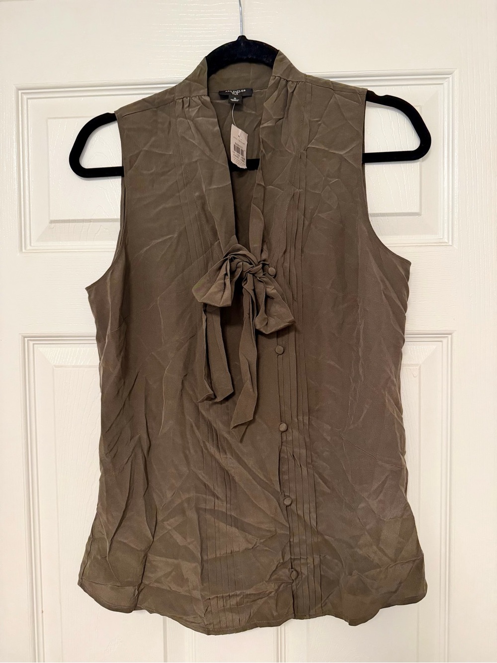 Ann Taylor Olive Sleeveless Tie-Neck Blouse
